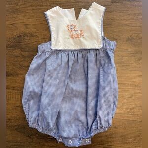 Remember Nguyen Blue & White Gingham Baby Bubble with Embroidered Tiger Design